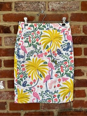 Boden 2P White Tropical Print Pencil Skirt with Pink Flamingos and Yellow Palms